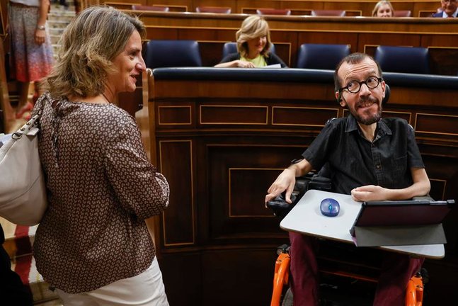 El pportavoz de Unidas Podemos, Pablo Echenique (d), conversa con la ministra de Transición Ecológica, Teresa Ribera (i), durante la sesión de control en el Congreso de los diputados este miércoles, en Madrid. EFE/ Juan Carlos Hidalgo