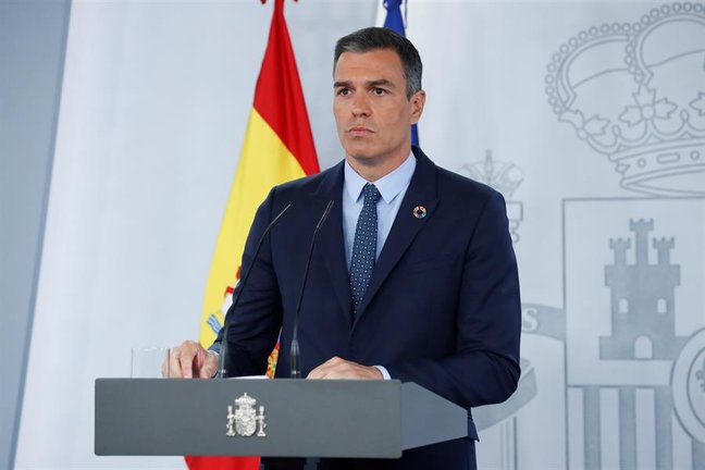 El presidente del Gobierno, Pedro Sánchez, durante su comparecencia ante los medios tras la reunión del Consejo de Ministros celebrado hoy. EFE/Zipi