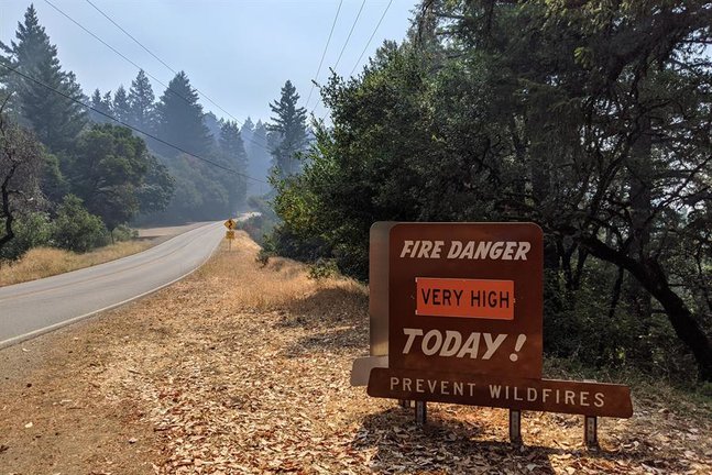 Fotografía de un cartel que indica peligro de incendio puesto frente a secuoyas en la ruta entre Pescadero y Santa Cruz hoy, en California (EEUU). EFE/Marc Arcas