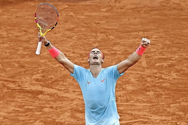 Paris (France), 09/10/2020.- Rafael Nadal of Spain reacts after winning against Diego Schwartzman of Argentina in their menís semi final match during the French Open tennis tournament at Roland ?Garros in Paris, France, 09 October 2020. (Tenis, Abierto, Francia, España) EFE/EPA/IAN LANGSDON