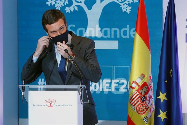 El presidente del PP; Pablo Casado, durante el 23 Congreso Nacional de la Empresa Familiar celebrado este lunes en Casa América, en Madrid. EFE/Ballesteros POOL