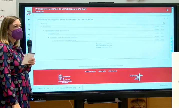 La consejera de Economía y Hacienda, María Sánchez, esta mañana durante la presentación del proyecto de Presupuestos Generales de Cantabria para 2021. / ALERTA