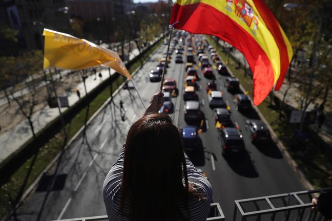 Vista general de la manifestación con vehículos que recorre el Paseo de la Castellana desde Cuzco a Cibeles en Madrid este domingo contra la Ley de Educación (LOMLOE), denominada también 'Ley Celaá', aprobada esta semana en el Congreso. EFE/JuanJo Martín