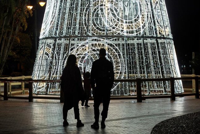 Una pareja y su hijo observan un árbol de navidad iluminado en la Plaza de la Marina, en Málaga. EFE/Daniel Pérez/Archivo