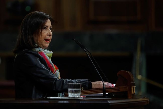 La ministra de Defensa, Margarita Robles, durante su intervención en el debate del proyecto de Presupuestos de 2021.EMILIO NARANJO / EFE