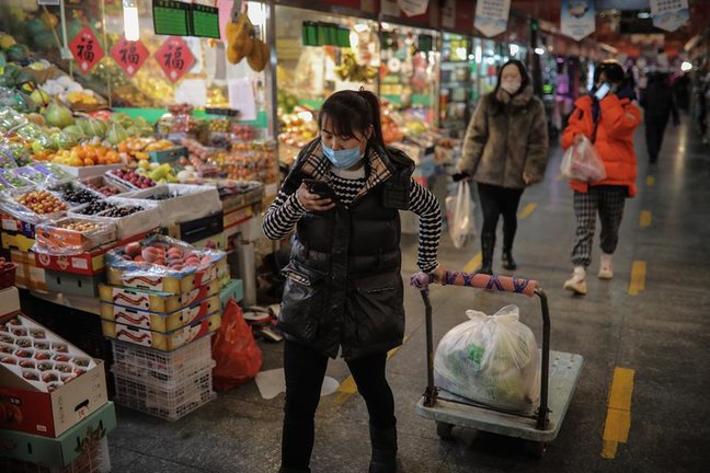 Un consumidor transporta verduras en un mercado en Beijing, China, el 11 de enero de 2021. Según la Oficina Nacional de Estadísticas, el índice de precios al consumidor (IPC) de China, que es el principal indicador de la inflación, aumentó un 0,2 por ciento interanual en diciembre. 2020. EFE / EPA / WU HONG