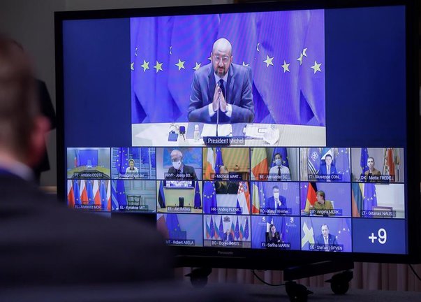 El presidente del Consejo Europeo, Charles Michel, durante la celebración de la Cumbre por videoconferencia de Jefes de Estado y de Gobierno para la contención del coroanvirus. EFE/EPA/OLIVIER HOSLET / POOL