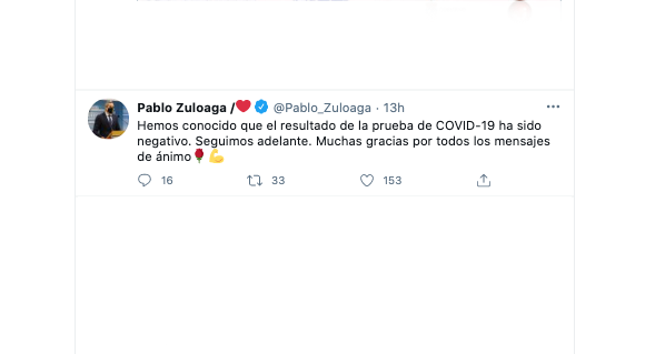 El tweet de Zuloaga tras conocer la noticia de su negativo.