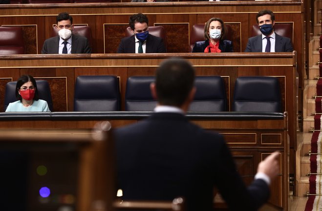 El presidente del Gobierno, Pedro Sánchez, interviene durante una sesión de Control al Gobierno en el Congreso de los Diputados, en Madrid, (España), a 17 de marzo de 2021. 
