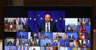 El presidente del Consejo Europeo, Charles Michel, en videoconferencia con los jefes de Estado de la UE, desde Bruselas. EFE/EPA/YVES HERMAN