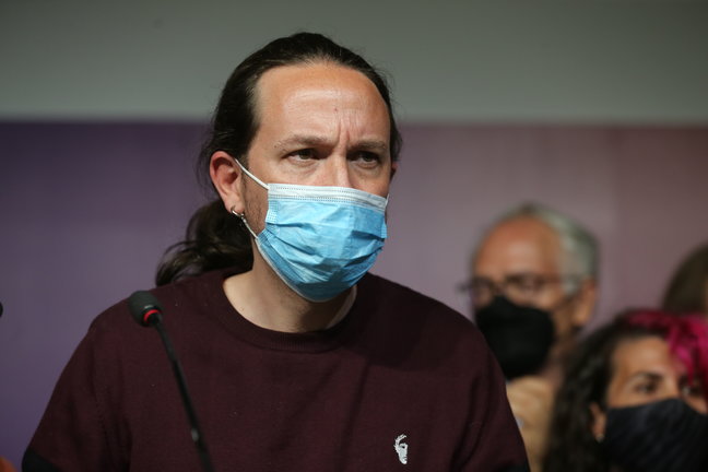 El candidato de Unidas Podemos a la Presidencia de la Comunidad de Madrid y secretario general de Podemos, Pablo Iglesias, durante una rueda de prensa tras la jornada electoral.