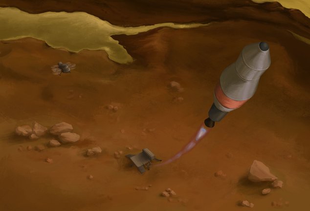 Una misión de retorno de muestra requeriría un cohete propulsado por recursos en Titán para despegar para el viaje de regreso a la Tierra como se prevé en esta representación artística.