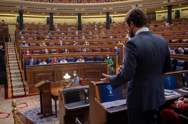 El líder del PP, Pablo Casado, interviene en una sesión de control al Gobierno, a 19 de mayo de 2021. / A.Ortega.POOL / Europa Press