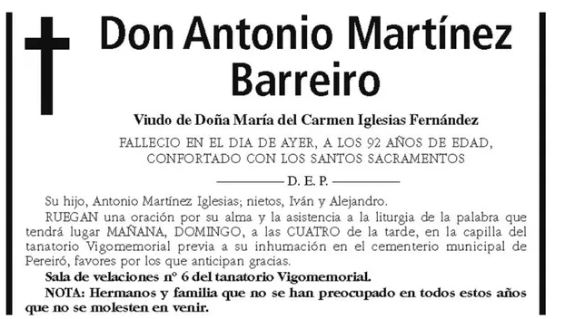 Esquela de Antonio Martínez Barreiro | 'El Faro de Vigo'