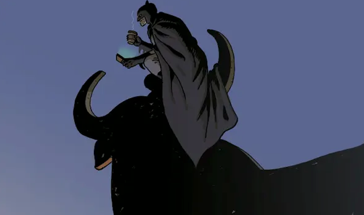 Batman con su café y su teléfono móvil, encaramado a un toro de Osborne.  Fotografía: TM & © 2021 DC COMICS