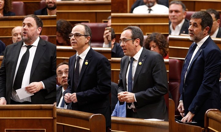 Archivo - Montaje de Junqueras, Jordi Turull, Josep Rull i Jordi Sanchez en el hemiciclo del Congreso
