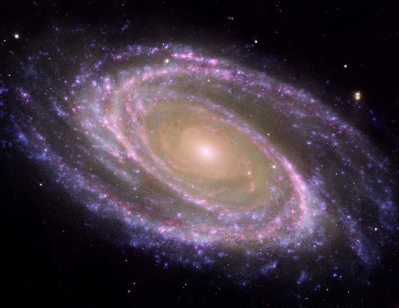 Ejemplo de galaxia espiral cercana, M81, donde se identifica fácilmente el bulbo, la parte central más rojiza, y el disco, plagado de zonas donde se forman estrellas actualmente y aparecen como regiones azules formando brazos espirales.