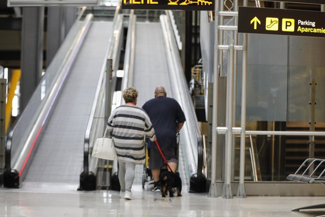 Archivo - Una pareja con un perro se dispone a subir unas escaleras mecánicas en el Aeropuerto Madrid-Barajas.