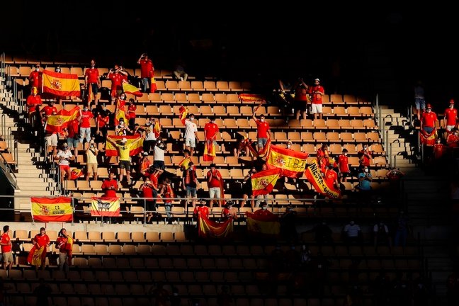 Seguidores de la selección española animan antes del encuentro entre España y Polonia perteneciente al grupo E de la Eurocopa 2020, este sábado en el Estadio de La Cartuja, en Sevilla. EFE/Kiko Huesca