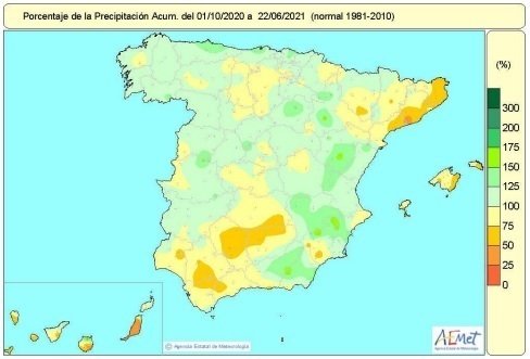Mapa de precipitaciones recogidas en España del 1 de octubre de 2020 hasta el 22 de junio de 2021.