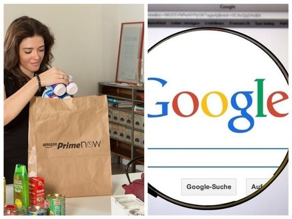 Archivo - Collage de las marcas Amazon y Google