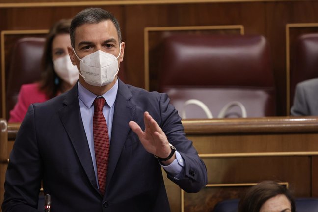 El presidente del Gobierno, Pedro Sánchez, interviene en una sesión de control al Gobierno en el Congreso de los Diputados, a 23 de junio de 2021, en Madrid, (España). 