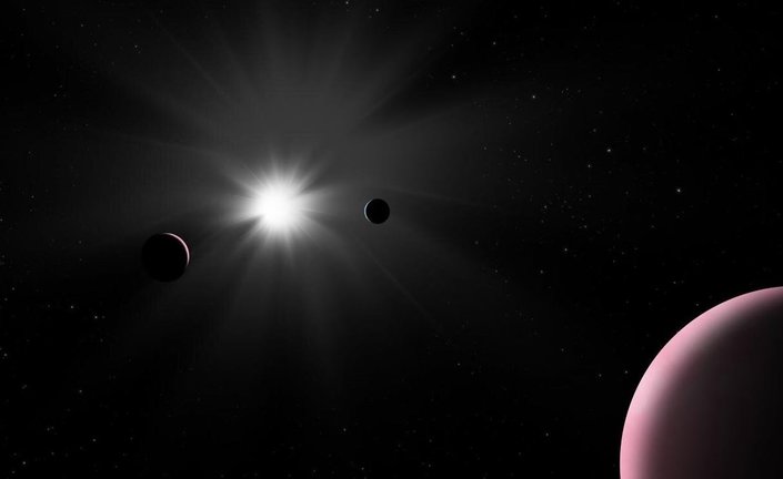 La impresión de este artista muestra el sistema planetario Nu2 Lupi, que fue explorado recientemente por el observador de exoplanetas de la ESA, Cheops.