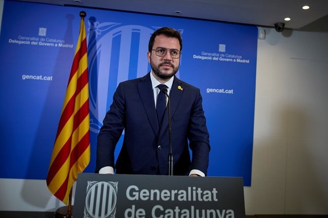 El president de la Generalitat catalana, Pere Aragonès ofrece una rueda de prensa en la librería Blanquerna tras la reunión mantenida con el presidente del Gobierno, a 29 de junio de 2021, en Madrid (España). 