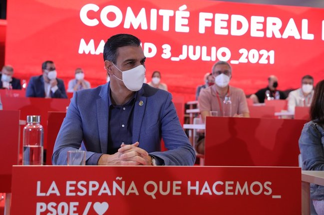 El presidente del Gobierno, Pedro Sánchez, durante una reunión de los componentes del Comité Federal del PSOE, a 3 de julio de 2021, en Madrid, (España)