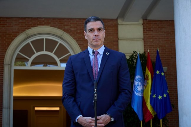 El presidente del Gobierno, Pedro Sánchez, interviene en una rueda de prensa posterior a una reunión con el secretario general de las Naciones Unidas, 2 de julio de 2021, en el Palacio de La Moncloa, Madrid. (España).  