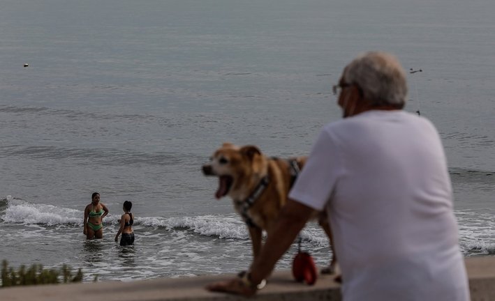 Archivo - Un hombre con su perro en Playa de la Malva-rosa