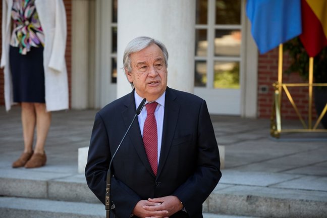 El secretario general de Naciones Unidas, Antonio Guterres, interviene en una rueda de prensa posterior a una reunión con el presidente del Gobierno, 2 de julio de 2021, en el Palacio de La Moncloa, Madrid. (España)