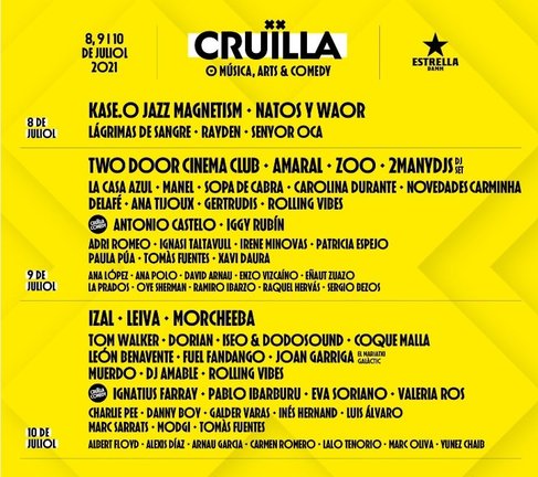 Cartel del Festival Cruïlla, que inicia el 8 de julio una edición sin distancia de seguirdad que prevé acoger a 25.000 personas al día
