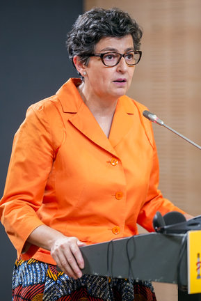 La ministra de Asuntos Exteriores, Unión Europea y Cooperación, Arancha González Laya, durante una rueda de prensa junto a su homólogo francés, en el Palacio de Viana, a 9 de julio de 2021, en Madrid (España). 
