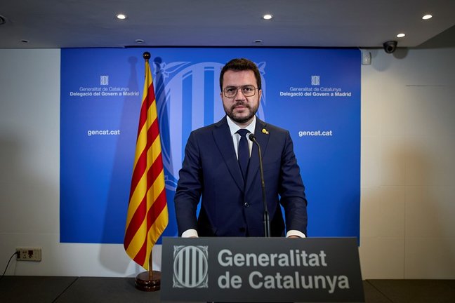 El president de la Generalitat catalana, Pere Aragonès ofrece una rueda de prensa en la librería Blanquerna tras la reunión mantenida con el presidente del Gobierno, a 29 de junio de 2021, en Madrid (España). ARCHIVO.