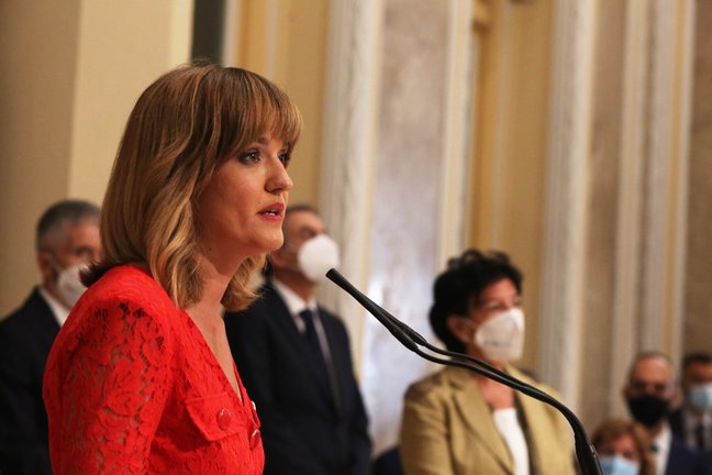 La nueva ministra de Educación y Formación Profesional, Pilar Alegría, interviene en el traspaso de carteras, en la sede del MEFP, a 12 de julio de 2021, en Madrid (España). El traspaso de carteras se efectúa después de que la nueva ministra haya prometid