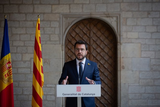 El presidente de la Generalitat, Pere Aragonès, en rueda de prensa tras reunirse con el jefe de Gobierno de Andorra, Xavier Espot.