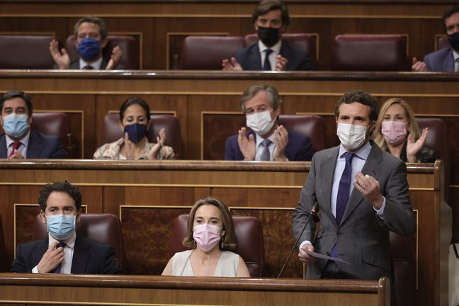 El líder del PP, Pablo Casado, y varios cargos de la dirección del PP en el Pleno del Congreso de los Diputados. En Madrid, a 23 de junio de 2021.
