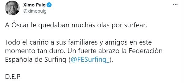 El 'president' de la Generalitat, Ximo Puig, muestra sus condolencias por la muerte del surfista valenciano Óscar Serra