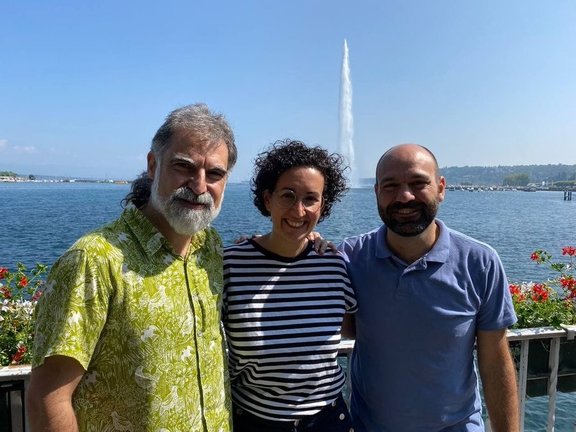 El presidente de Òmnium Cultural, Jordi Cuixart, y el vicepresidente de la entidad, Marcel Mauri, se reúnen con la secretaria general de ERC, Marta Rovira, en Ginebra (Suiza)