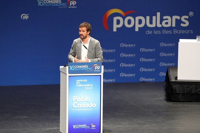 El presidente del PP, Pablo Casado, durante el XVI congreso del PP de Baleares, a 24 de julio de 2021, en Palma, Mallorca, Islas Baleares