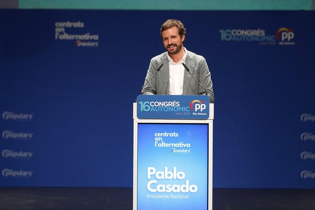 El presidente del PP, Pablo Casado, durante el XVI congreso del PP de Baleares, a 24 de julio de 2021, en Palma, Mallorca, Islas Baleares (España).