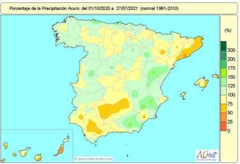 Las lluvias acumuladas en España desde el 1 de octubre de 2020 hasta el 27 de julio de 2021 acumulan un déficit del 7 por ciento.