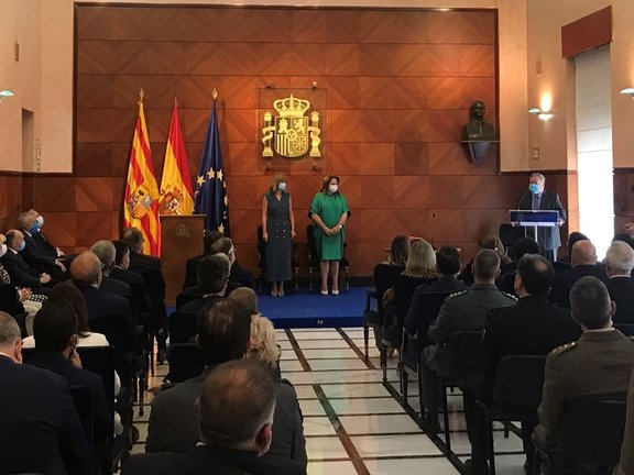 La ministra de Educación y Formación Profesional, Pilar Alegría, en la toma de posesión de la nueva delegada del Gobierno en Aragón, Rosa Serrano