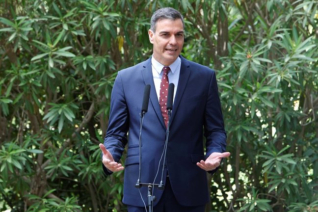 El presidente del Gobierno, Pedro Sánchez, ofrece una rueda de prensa en el Palacio de Marivent, a 3 de agosto de 2021.