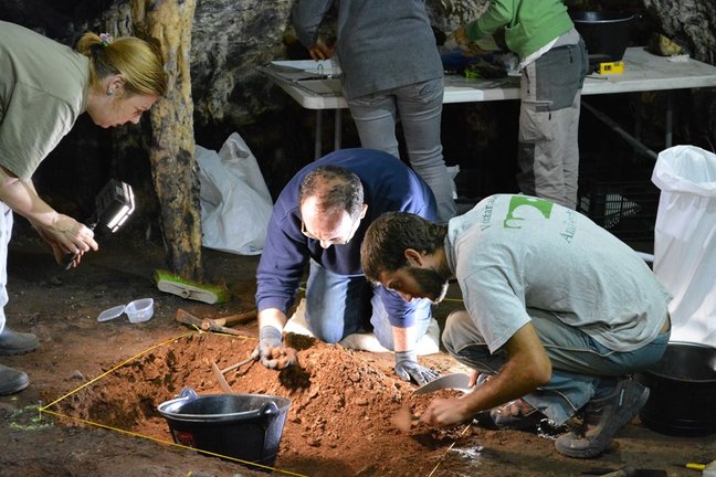 El equipo de investigadores de la UCA lleva a cabo tgrabajo de campo en la cueva de Ardales (Málaga)