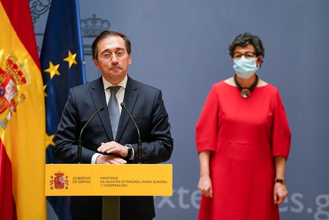 El nuevo ministro de Asuntos Exteriores, Unión Europea y Cooperación, José Manuel Albares, interviene tras recibir la cartera ministerial de manos de su predecesora, Arancha González Laya el pasado 12 de julio.