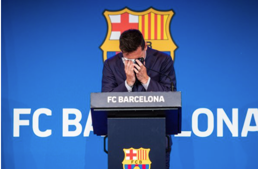 Lionel "Leo" Messi laments during his press conference to talk about his departure from FC Barcelona at Camp Nou stadium on August 08, 2021, in Barcelona, Spain - Marc