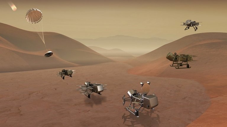 Ilustración del concepto de la misión Dragonfly de entrada, descenso, aterrizaje, operaciones de superficie y vuelo en Titán.