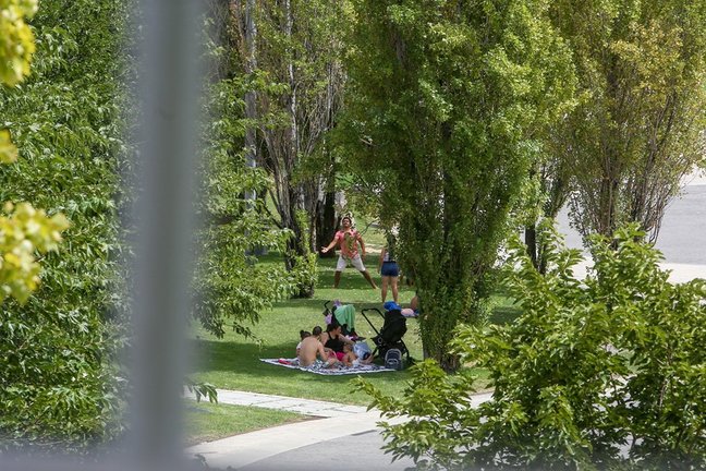 Varias personas hacen picnic en el parque de Madrid Río, a 11 de agosto de 2021, en Madrid (España). La primera ola de calor del verano deja temperaturas muy altas en España desde este miércoles y hasta comienzos de la próxima semana. Las temperaturas alc